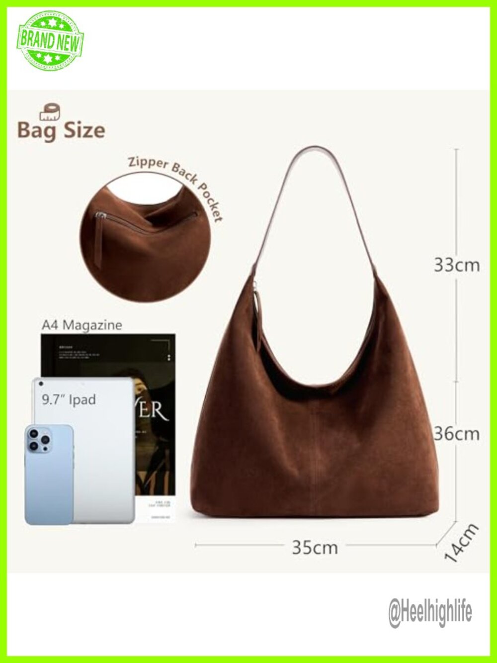Slouchy Tote Bag Faux Suede Leather Crescent Hobo Zipper Casual - Picture 3 of 6